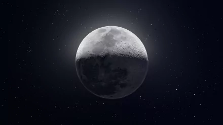 A stunning HD desktop wallpaper featuring a half-illuminated moon against a backdrop of twinkling stars in the dark expanse of space.