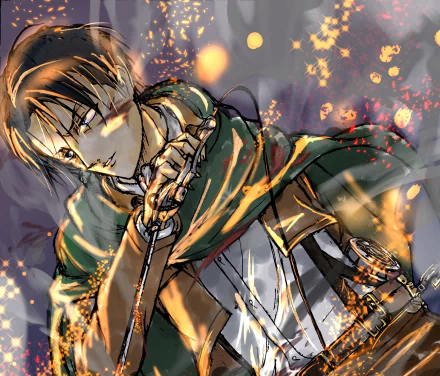 HD anime wallpaper featuring Levi Ackerman from Attack on Titan, with brown hair, piercing blue eyes, and wielding a weapon amidst dynamic fiery effects.