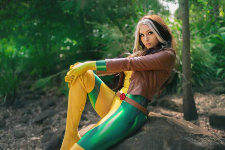 Cosplay of Rogue from X-Men with two-toned brunette hair, green eyes, and leather jacket, sitting outdoors with a blurred natural background in 4K Ultra HD.