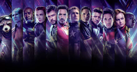 HD desktop wallpaper featuring characters from Avengers: Endgame, arrayed heroically against a cosmic backdrop.