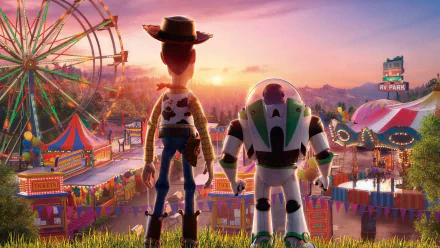 Woody and Buzz Lightyear from Toy Story 4 stand side by side, overlooking a vibrant carnival with a ferris wheel at sunset in this 4K Ultra HD desktop wallpaper.