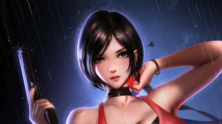 HD PC desktop wallpaper featuring Ada Wong from the video game Resident Evil 2 (2019), depicted in a dynamic pose with rain falling in the background.