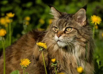 A majestic Maine Coon cat rests among vibrant yellow dandelions in a lush green field, captured in HD for a stunning desktop wallpaper background.