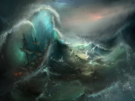 A dramatic fantasy scene of a ship battling towering, turbulent waves under a stormy sky, rendered in high-definition for a PC desktop wallpaper and background.