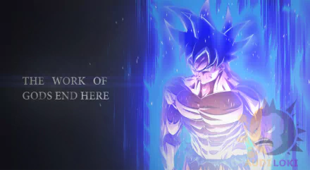 HD PC desktop wallpaper of Goku from Dragon Ball Super, standing wounded and glowing in a blue aura, beside the text THE WORK OF GODS END HERE.