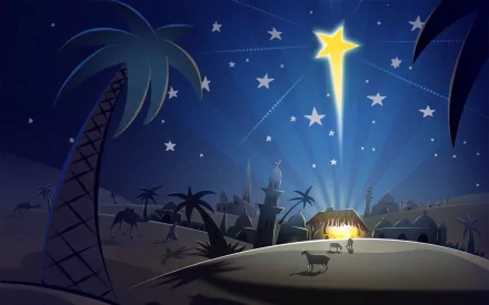 HD wallpaper depicting a serene nativity scene under a starry night, with a bright star shining above a manger. The image exudes a peaceful, religious Christian atmosphere.