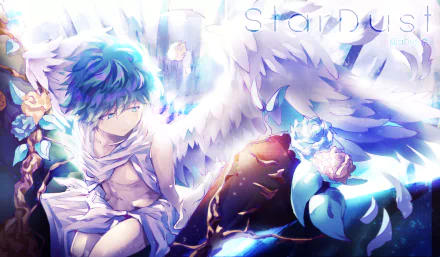 Izuku Midoriya (My Hero Academia) 5K Ultra HD anime wallpaper: glowing blue-white aura, angelic wings and dramatic lighting, high-detail PC desktop background.
