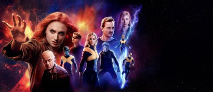 4K Ultra HD desktop wallpaper featuring characters from the movie Dark Phoenix, showcasing a fiery cosmic background and intense, dynamic poses.