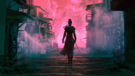 A woman warrior stands in a misty, neon-lit fantasy cityscape, captured in 4K Ultra HD for a vivid PC desktop wallpaper background.