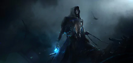 HD desktop wallpaper depicting a mysterious fantasy warrior clad in dark, tattered robes, holding a glowing blue weapon, set against a foggy, dramatic background.