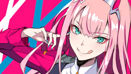 Vibrant 4K Ultra HD anime wallpaper featuring Zero Two from Darling in the FranXX with bright pink hair and striking turquoise eyes against a bold geometric background.