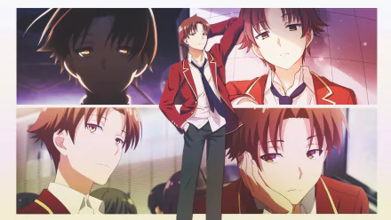 HD desktop wallpaper featuring Kiyotaka Ayanokōji from the anime Classroom of the Elite, showcasing various expressions of the character against a collage of backgrounds.