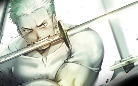 HD PC desktop wallpaper featuring Roronoa Zoro from the anime One Piece, depicted with intense expression and swords drawn in dynamic action.