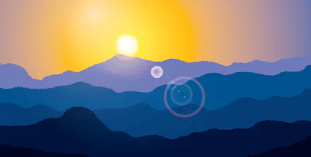 Artistic HD desktop wallpaper featuring a layered mountain silhouette with the sun setting, casting warm hues across the sky.