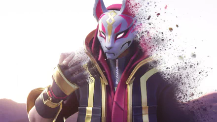 HD PC desktop wallpaper featuring a Fortnite character wearing a fox mask, with dynamic displacement effects blending into a white background.