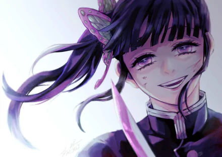 HD PC desktop wallpaper featuring Kanao Tsuyuri from the anime Demon Slayer: Kimetsu no Yaiba, showcasing her detailed expression and distinctive butterfly hairpin.