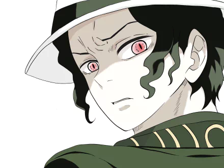 HD PC desktop wallpaper featuring Muzan Kibutsuji from the anime Demon Slayer: Kimetsu no Yaiba with a close-up of his intense, red-eyed expression.