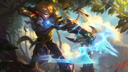 Ezreal (League of Legends) firing a glowing blue energy bow through sunlit forest leaves — HD PC desktop wallpaper/background art from the video game League of Legends.