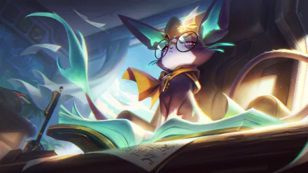 HD PC desktop wallpaper featuring Yuumi from the video game League of Legends, showcasing the magical cat with glowing effects and an open book.