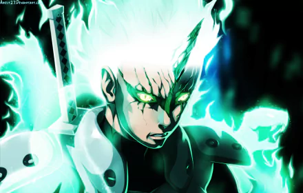 HD anime desktop wallpaper featuring Mitsuki from Boruto, glowing with intense energy and vibrant blue-green lightning effects.