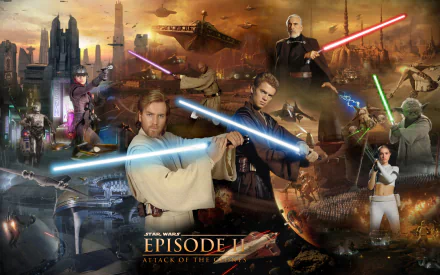 HD PC desktop wallpaper featuring key characters and scenes from Star Wars Episode II: Attack of the Clones, with lightsabers and iconic battles in a cinematic collage.