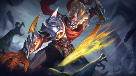 HD PC desktop wallpaper of a Mobile Legends: Bang Bang hero in red-and-silver armor unleashing a fiery blade strike against shadowy foes on a stormy battlefield.
