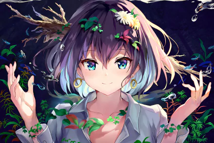 Anime-style HD desktop wallpaper featuring a vibrant girl with blue-green hair adorned with flowers, surrounded by a whimsical, dark floral backdrop.