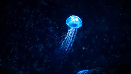 Blue glowing jellyfish with trailing tentacles drifting in dark water — 4K Ultra HD PC desktop wallpaper of a luminous marine animal.