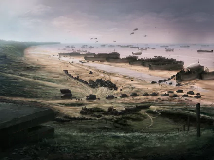 HD desktop wallpaper of a World War II beach landing scene from the video game Hearts of Iron IV, depicting troops, tanks, and ships in an intense coastal battle.