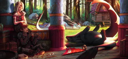 Toothless, Hiccup, and Astrid from How to Train Your Dragon relax in a forest setting near a wooden cabin in this 4K Ultra HD PC desktop wallpaper.