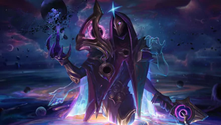 HD desktop wallpaper featuring Jhin from League of Legends, showcasing an ethereal and cosmic background with vibrant colors and intricate details from the video game.