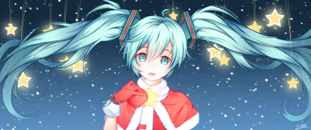 HD anime desktop wallpaper featuring Hatsune Miku from Vocaloid, dressed in a festive red and white outfit with glowing stars and a night sky background.