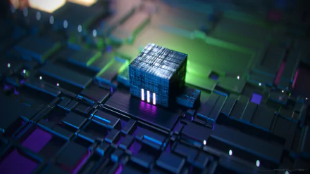 Abstract HD PC desktop wallpaper and background featuring a glowing metallic cube resting on a neon-lit, circuitboard-like surface.