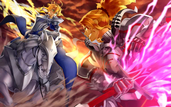 Dynamic 4K Ultra HD anime wallpaper featuring Mordred and Artoria Pendragon from Fate/Grand Order in intense battle, showcasing Lancer and Saber class characters.