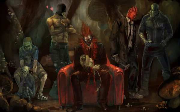 HD PC desktop wallpaper featuring Shin, Noi, Kikurage, Fujita, En, Ebisu, and Chota from the anime Dorohedoro in a dark, gritty setting.