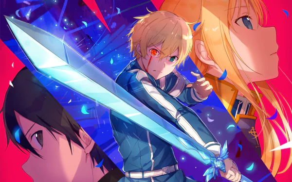 HD desktop wallpaper featuring Kirito, Eugeo, and Alice from Sword Art Online: Alicization, each with their iconic swords and intense expressions.