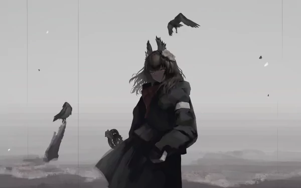 A captivating HD anime wallpaper features a character with animal ears standing in a desolate landscape with crows flying around. The muted tones create a melancholic atmosphere.
