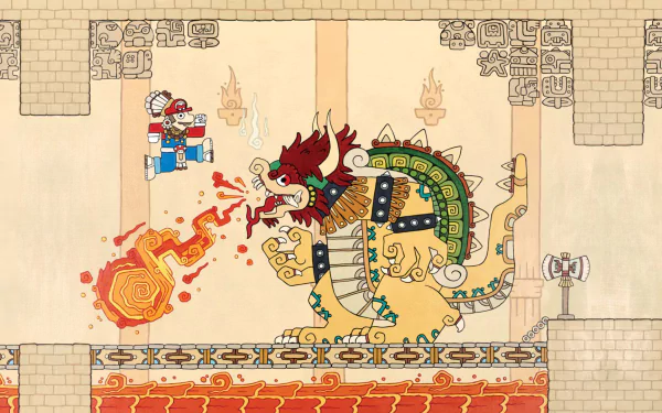 HD desktop wallpaper featuring a stylized battle scene from the Super Mario video game, showcasing Bowser and Mario in an epic showdown. The background includes ancient, intricate designs and rich, vibrant colors.