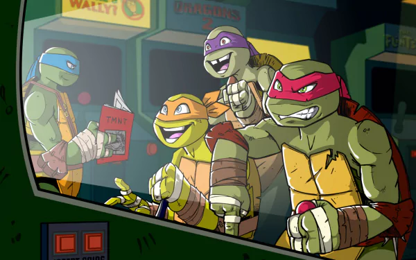 HD desktop wallpaper featuring the Teenage Mutant Ninja Turtles—Michelangelo, Leonardo, Donatello, and Raphael—in a vibrant comic-style scene.