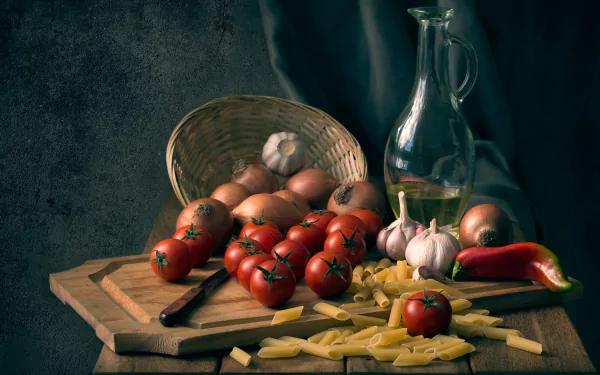 garlic olive oil onion pasta tomato food still life HD Desktop Wallpaper | Background Image