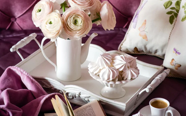 ranuncula meringue kisses book coffee flower photography still life HD Desktop Wallpaper | Background Image