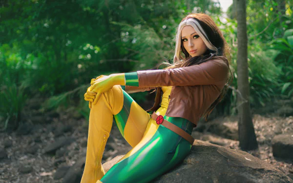 Cosplay of Rogue from X-Men with two-toned brunette hair, green eyes, and leather jacket, sitting outdoors with a blurred natural background in 4K Ultra HD.