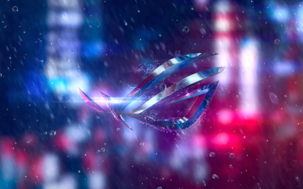 Asus ROG logo with water drop effects against a vibrant, blurred tech-inspired background in 4K Ultra HD.