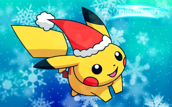 A festive Pikachu, wearing a Santa hat, joyfully bounds through a snowy blue background, capturing the spirit of Christmas and winter in this vibrant HD desktop wallpaper.