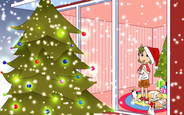 HD PC desktop wallpaper/background: Yotsuba! anime character in a Santa hat beside a decorated Christmas tree, snow falling inside a cozy, warmly lit room.