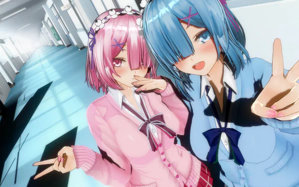 corridor short hair tiara pink eyes blue eyes pink hair blue hair Ram (Re:ZERO) Rem (Re:ZERO) Anime Re:Zero - Starting Life in Another World HD Desktop Wallpaper | Background Image