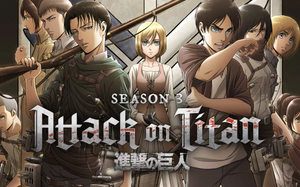 HD desktop wallpaper featuring key Attack on Titan characters, including Eren Yeager, Mikasa Ackerman, Levi Ackerman, Armin Arlert, and others, set in a dramatic anime scene.