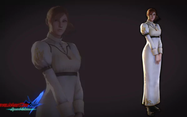 HD PC desktop wallpaper featuring Kyrie from Devil May Cry 4, showcasing the character in a white dress against a dark background.