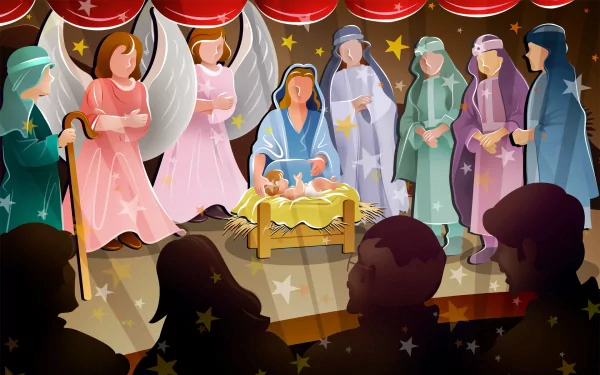 HD desktop wallpaper featuring a nativity scene with baby Jesus in a manger, surrounded by Mary, Joseph, shepherds, and angels, all set against a backdrop of stars and onlookers. Tags: god, Christ, Jesus, religious, Christian.