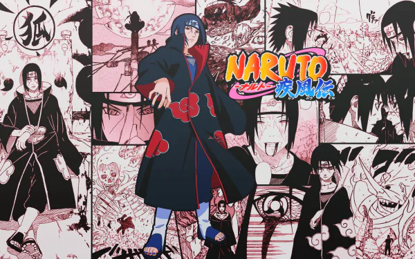 HD PC wallpaper featuring Sasuke and Itachi Uchiha from Naruto, with Akatsuki symbols and anime-style artwork in the background.